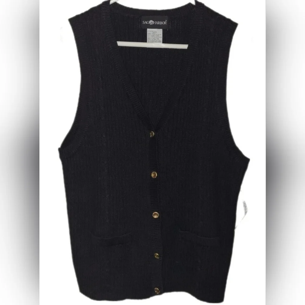 Vtg Sag Harbor Black Button Up Cable Sweater Vest Small Gold Button Academia